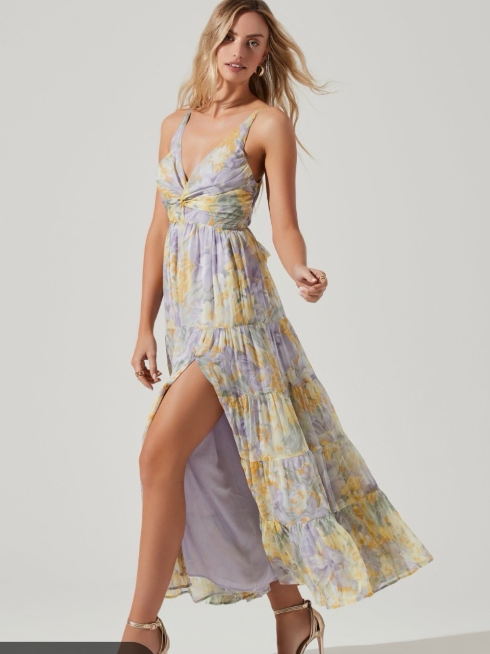 Astr - Elsa Floral Tiered Maxi Dress - Yellow & Lavender. Size L EUC